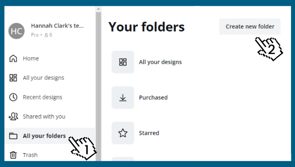 Pointer hands indicating pressing on the sidebar and then the "create new folder" button